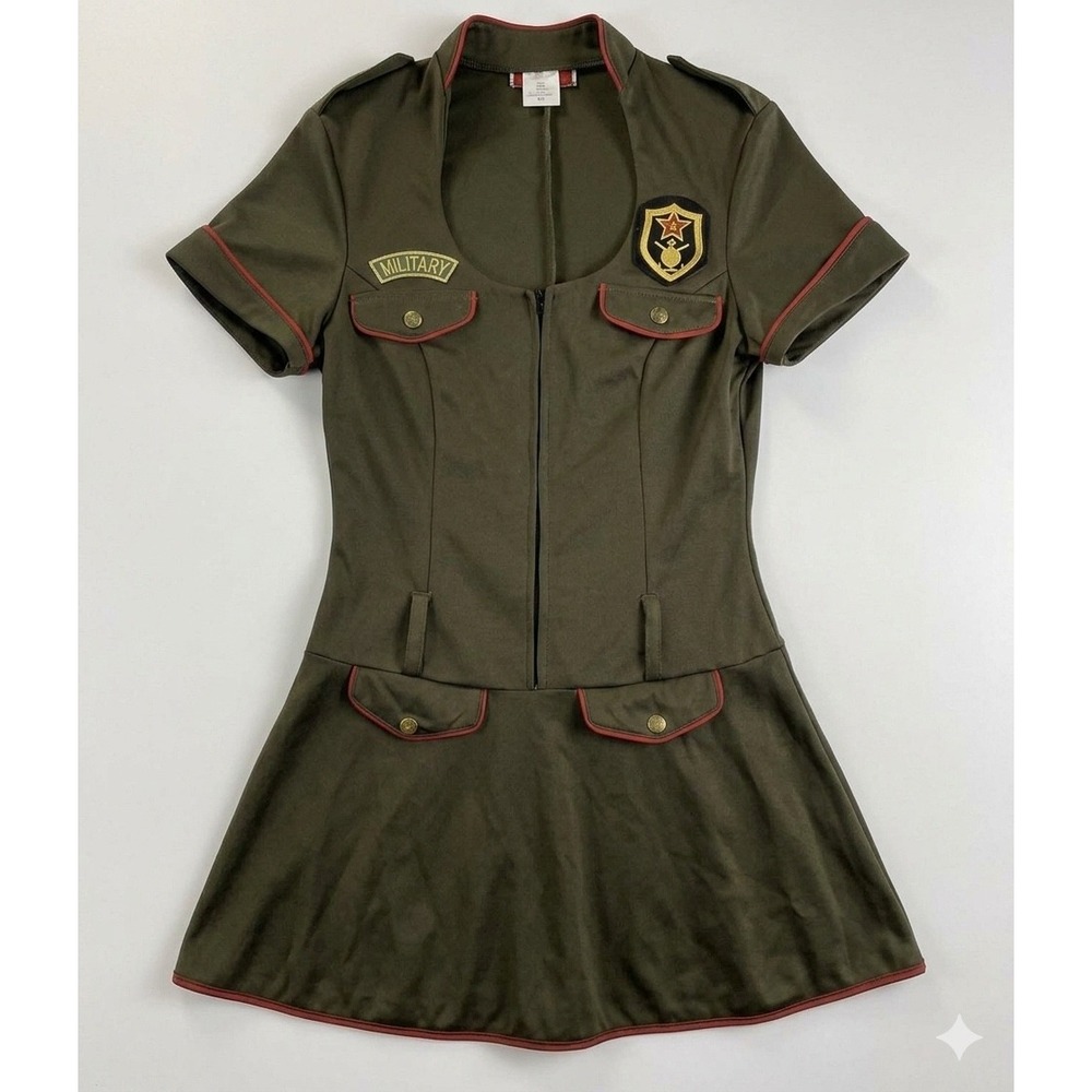 Charades‎ Sargent Sweetie Military Dress Olive Green Red Piping Costume Sz M